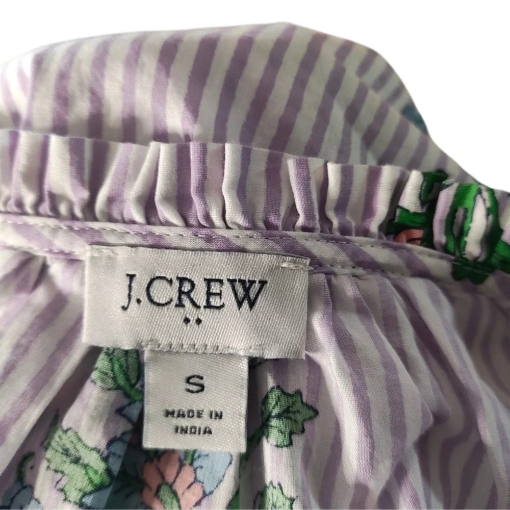 J.‎ Crew Striped Floral V-Neck Ruffle Blouse Purple White Coastal Boho Size S
